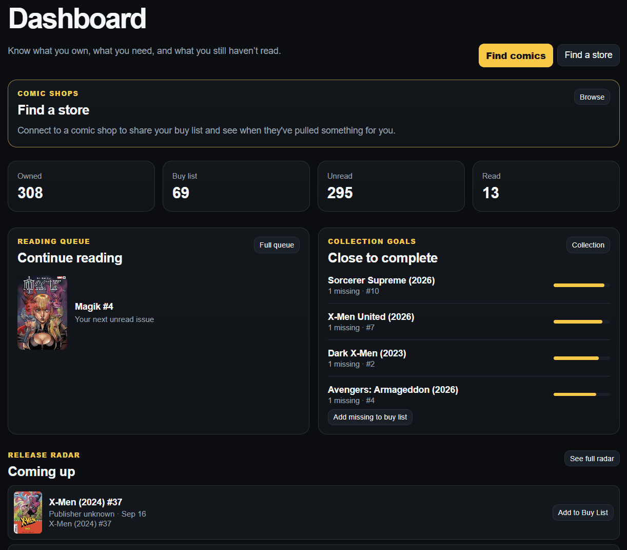 A collection dashboard showing owned comics and what to read next